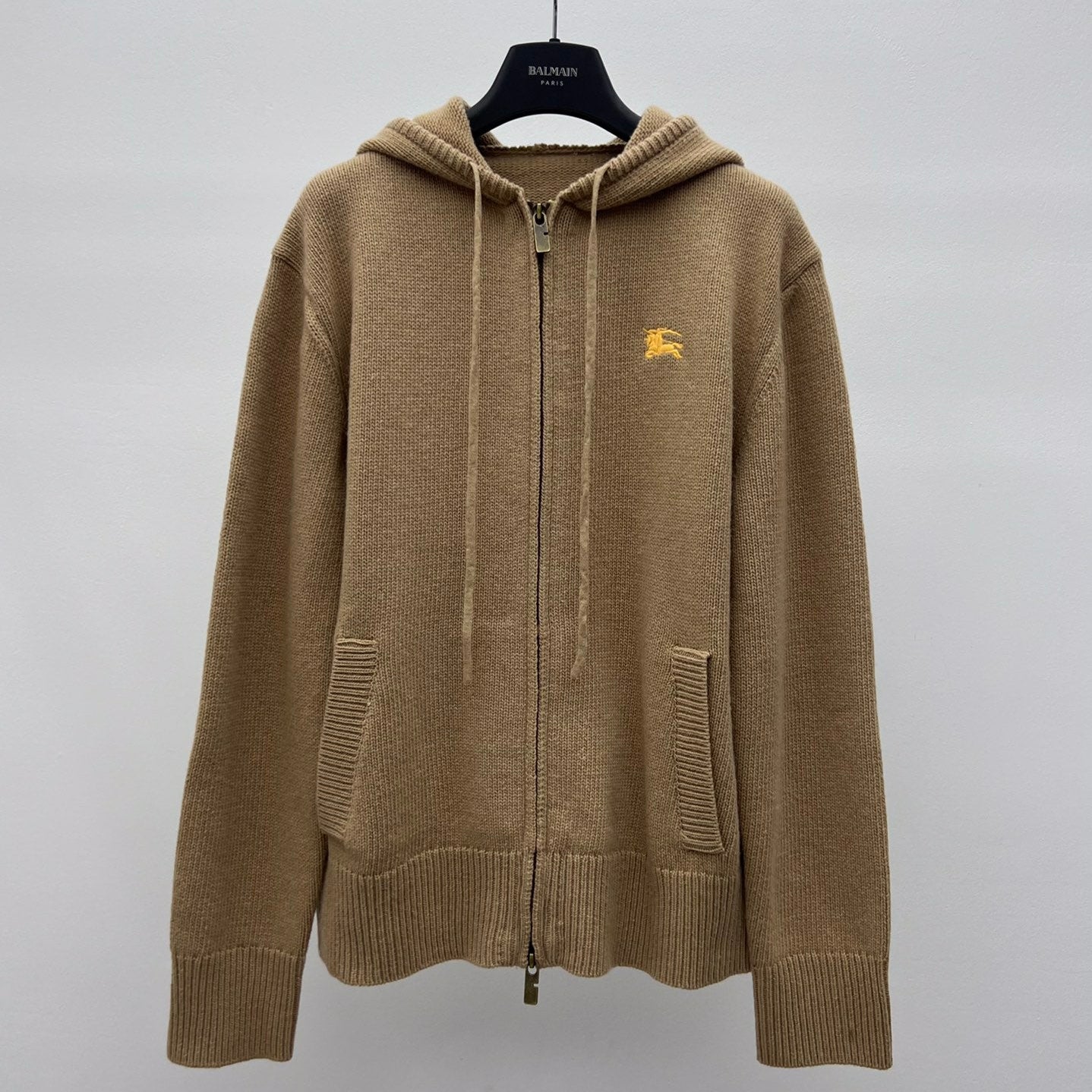 Burberry 25 Zipper-Up Hooded Knit Cardigan Beige Wool Cashmere