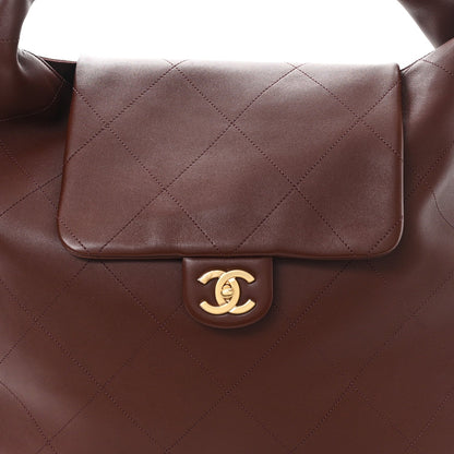 Shiny Calfskin Quilted Maxi Chain Hobo Dark Brown