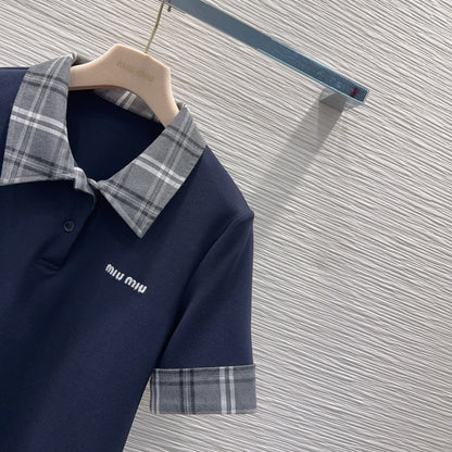 Miu SS26 Set Polo Shirt Pleated Skirt Navy Blue Polyester Cotton 351275