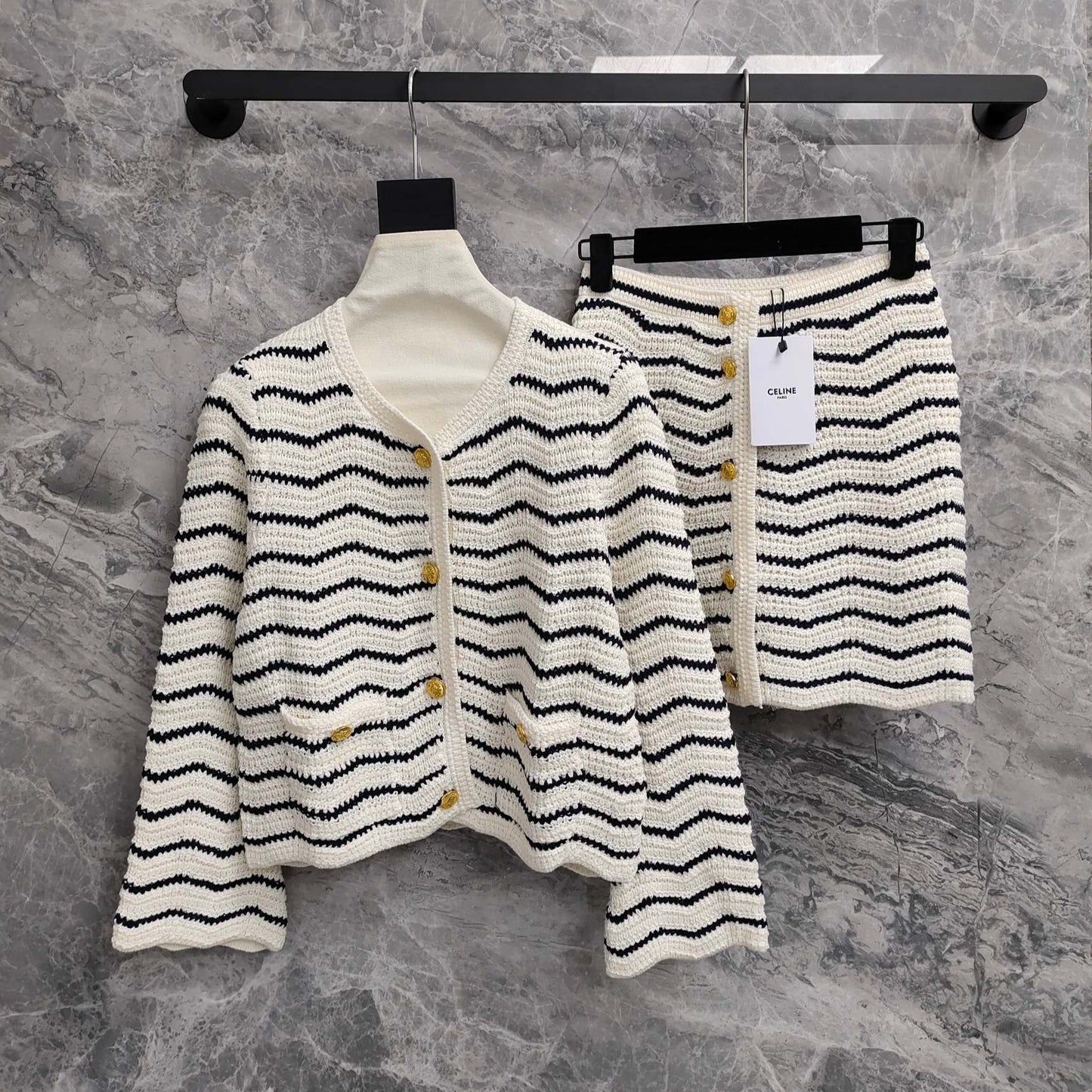 Celine 25 Striped Suit White Black Wool Polyester 278762