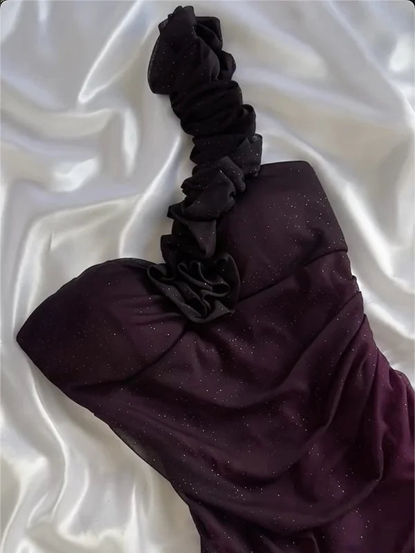 formaldressy-Gradient Purple Glitter One-Shoulder Ruched Ruffle Evening Gown gh6006