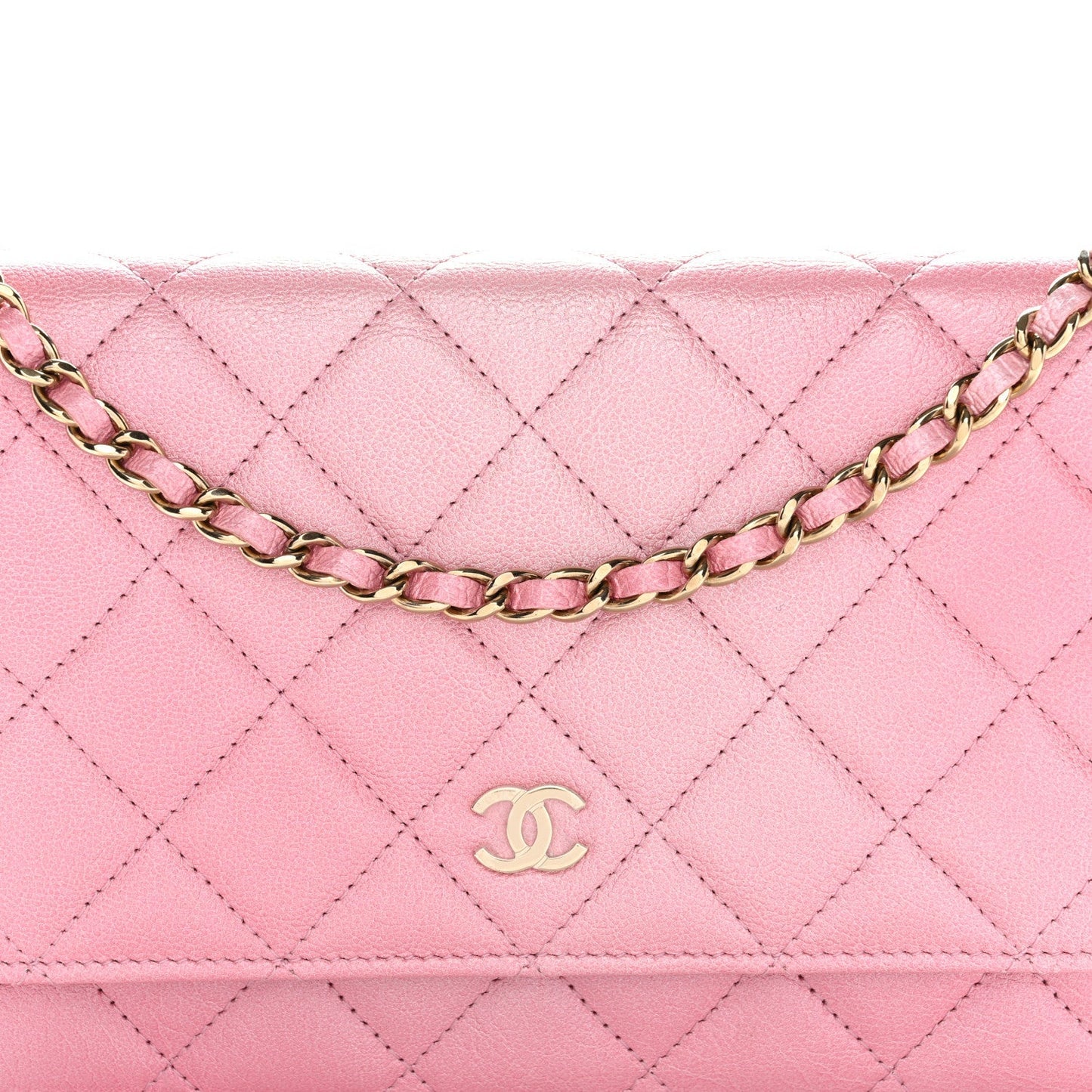 Iridescent Calfskin Quilted Wallet On Chain WOC Rose Pink