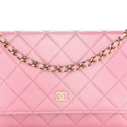 Iridescent Calfskin Quilted Wallet On Chain WOC Rose Pink