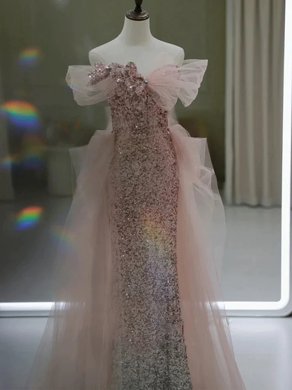 Sheath Off The Shoulder Pink Sequin Long Evening Dress Prom Dresses Birthday Outfits   cg26199