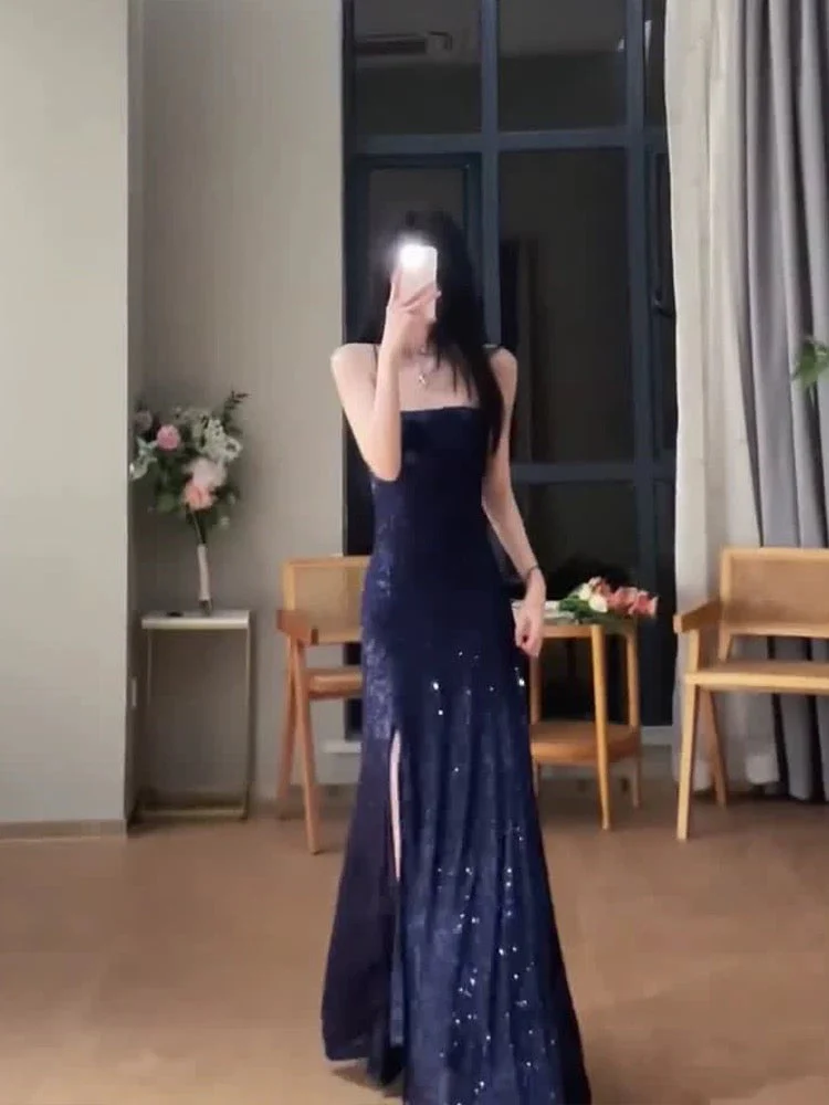 Sheath Spaghetti Straps Navy Blue Sequin Evening Dress Prom Dresses Birthday Outfits cg26203