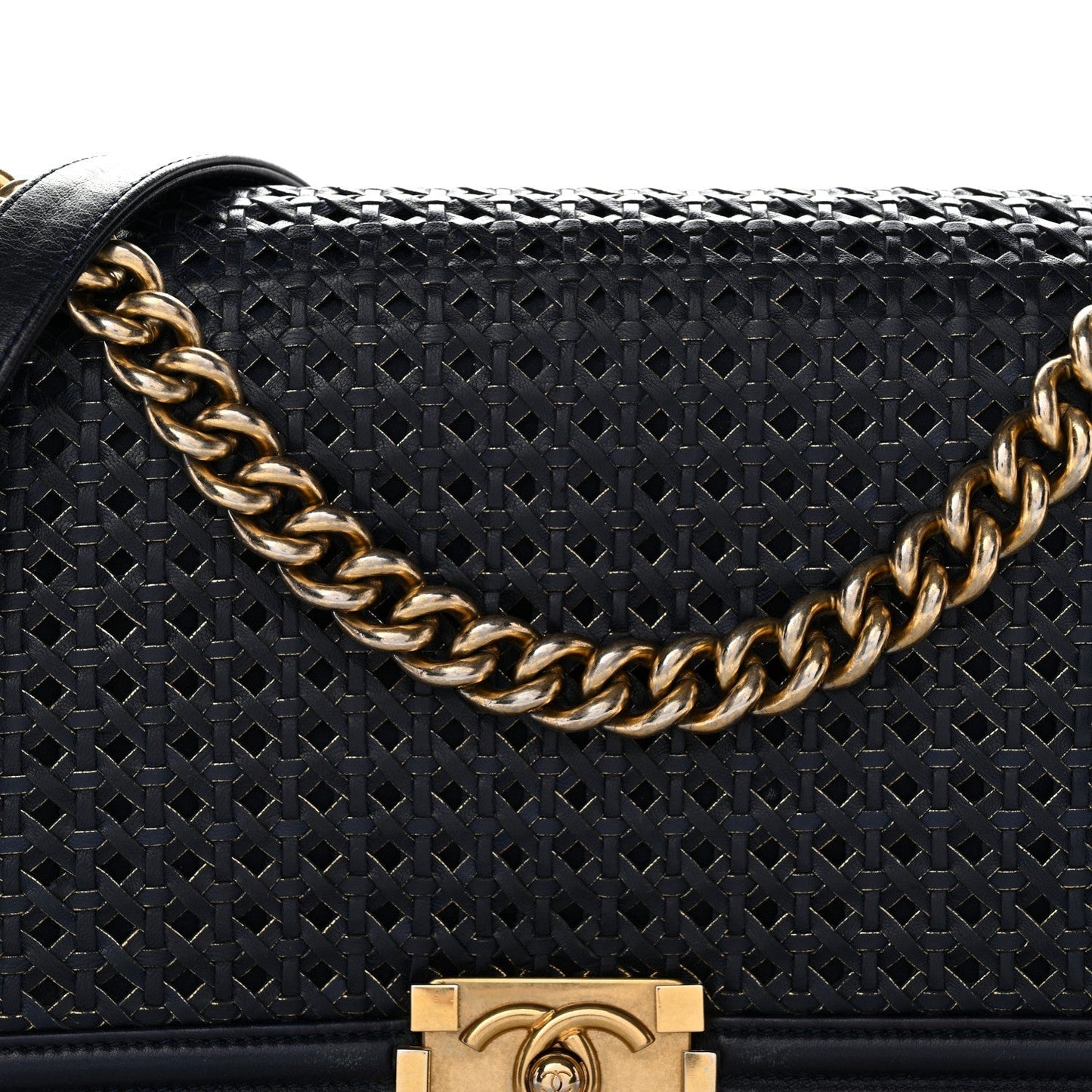 Lambskin Braided Woven Medium Boy Flap Navy Black
