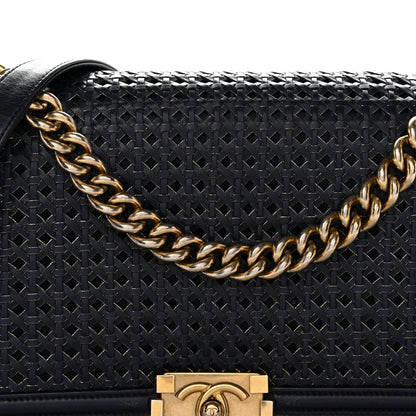 Lambskin Braided Woven Medium Boy Flap Navy Black