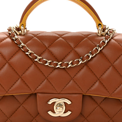 Lambskin Quilted Bi-Color Mini Top Handle Rectangular Flap Light Brown Yellow
