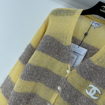 CC 26C Knit Long-Sleeve Cardigan Yellow Grey Stripes Wool Acrylic Nylon 349044