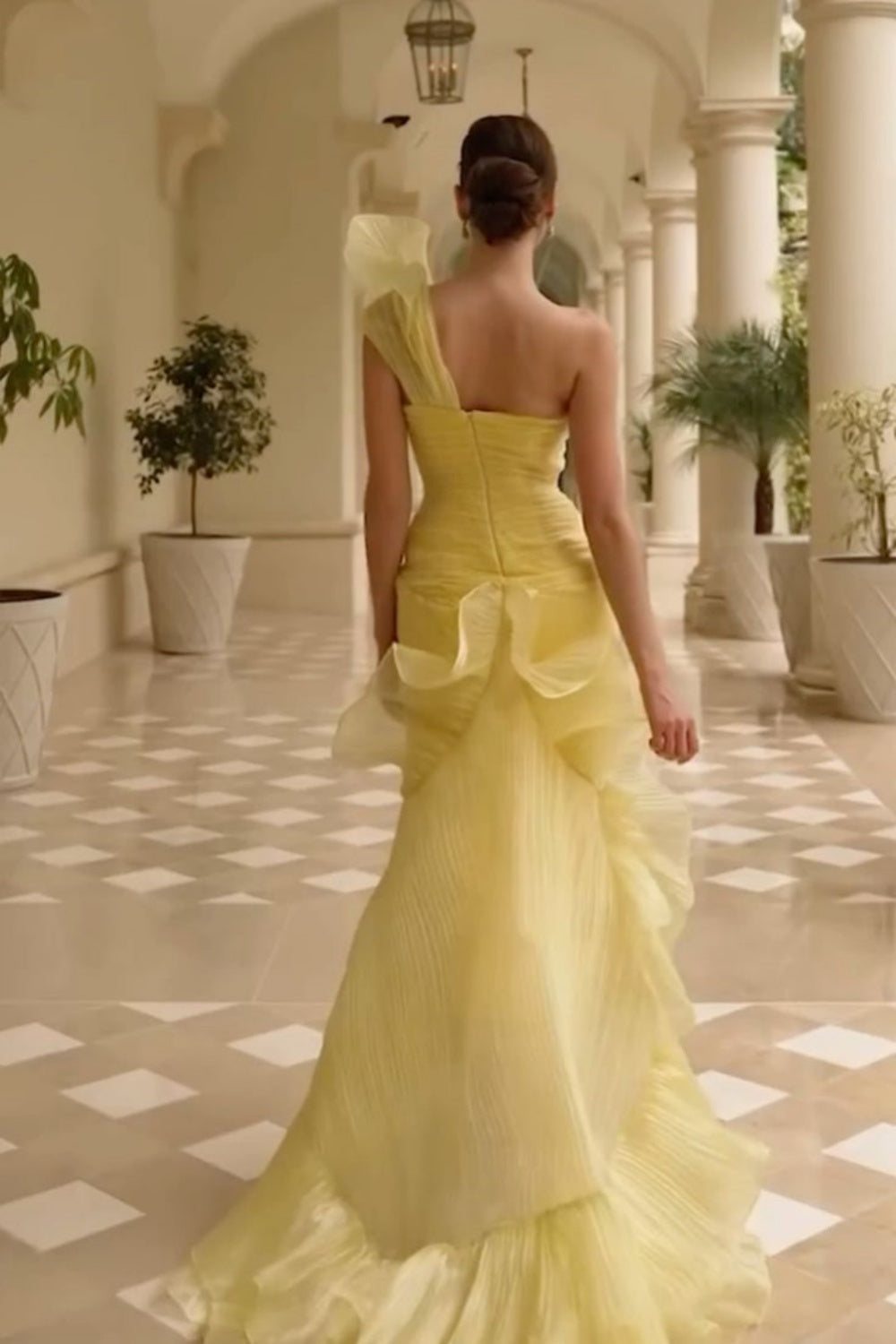 formaldressy- Yellow Fashion One-Shoulder Sheer Long Dress gh6201