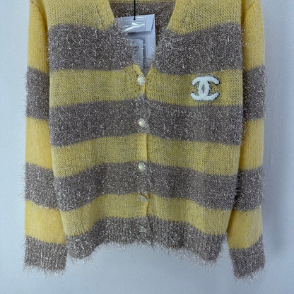 CC 26C Knit Long-Sleeve Cardigan Yellow Grey Stripes Wool Acrylic Nylon 349044