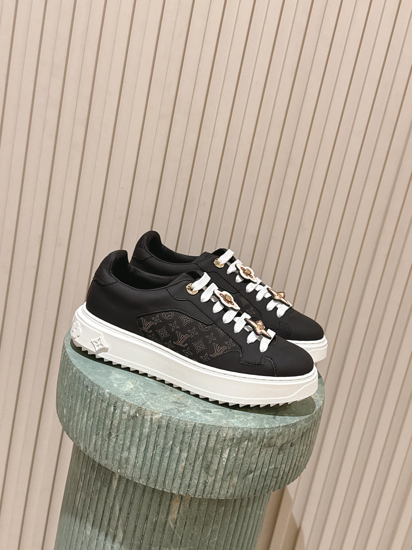 LV 1AICMB Time Out Sneaker Black Perforated Mahina Mongram Leather 555678