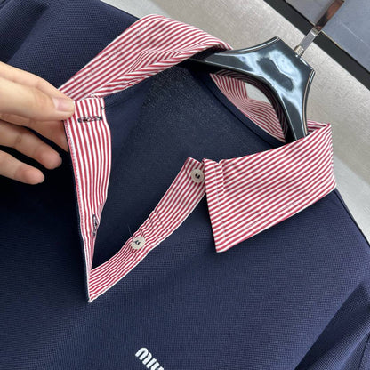 Miu SS26 Piqué Oversize Polo Shirt Navy Blue Cotton 350370