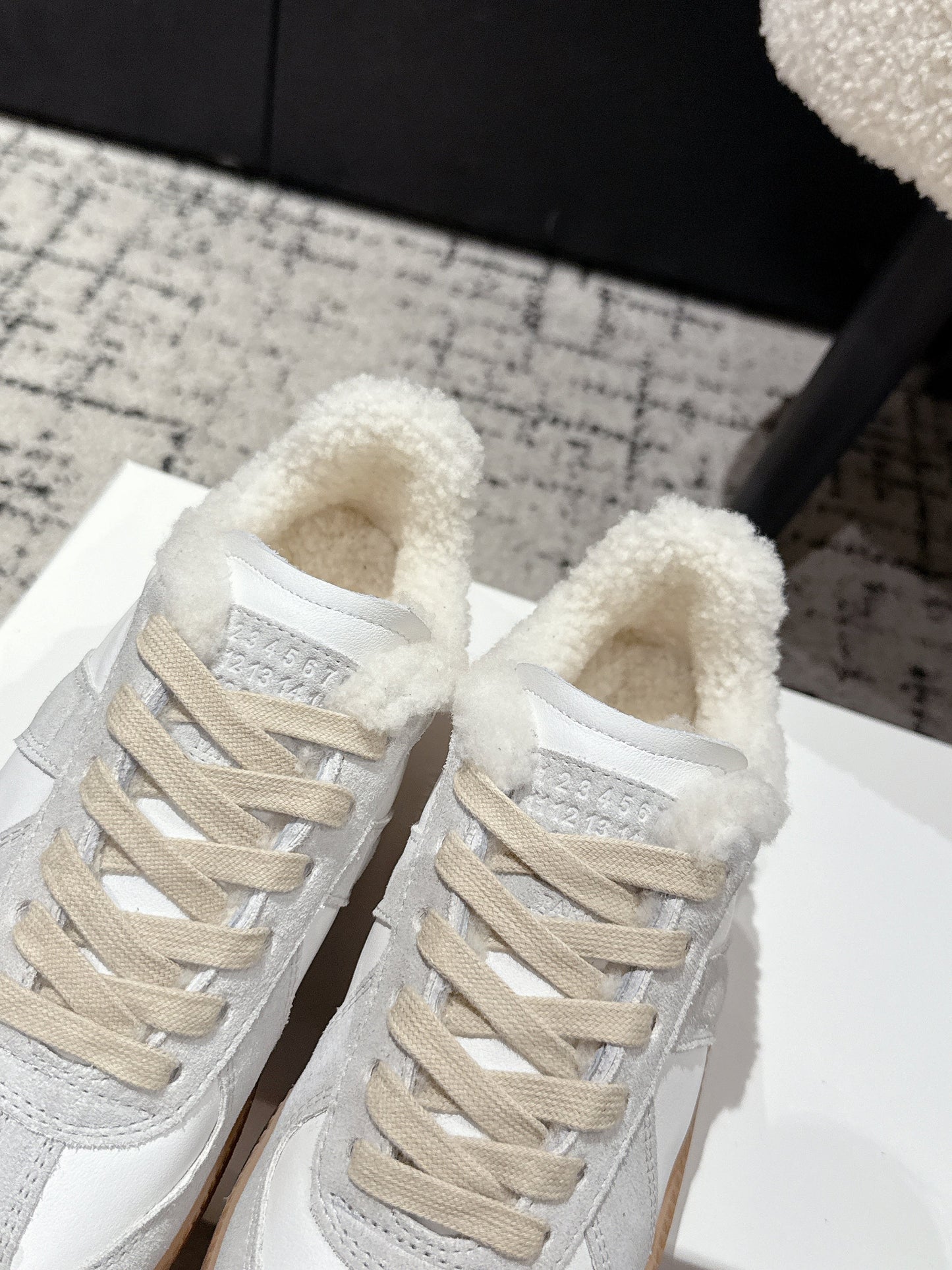 MM Platform German Training Shoes 50mm Light Grey White Suede Sheepskin Fur 558415