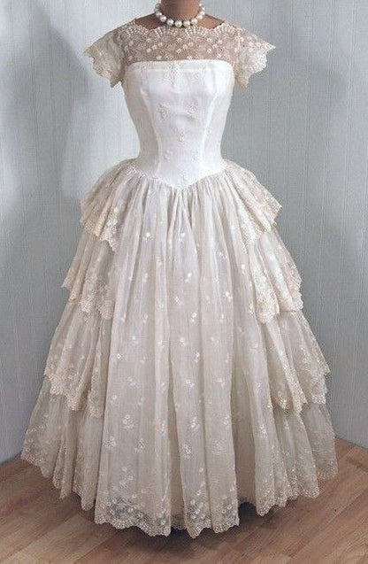 formaldressy--White Vintage Elegant Lace Long Wedding Prom Dress gh5583