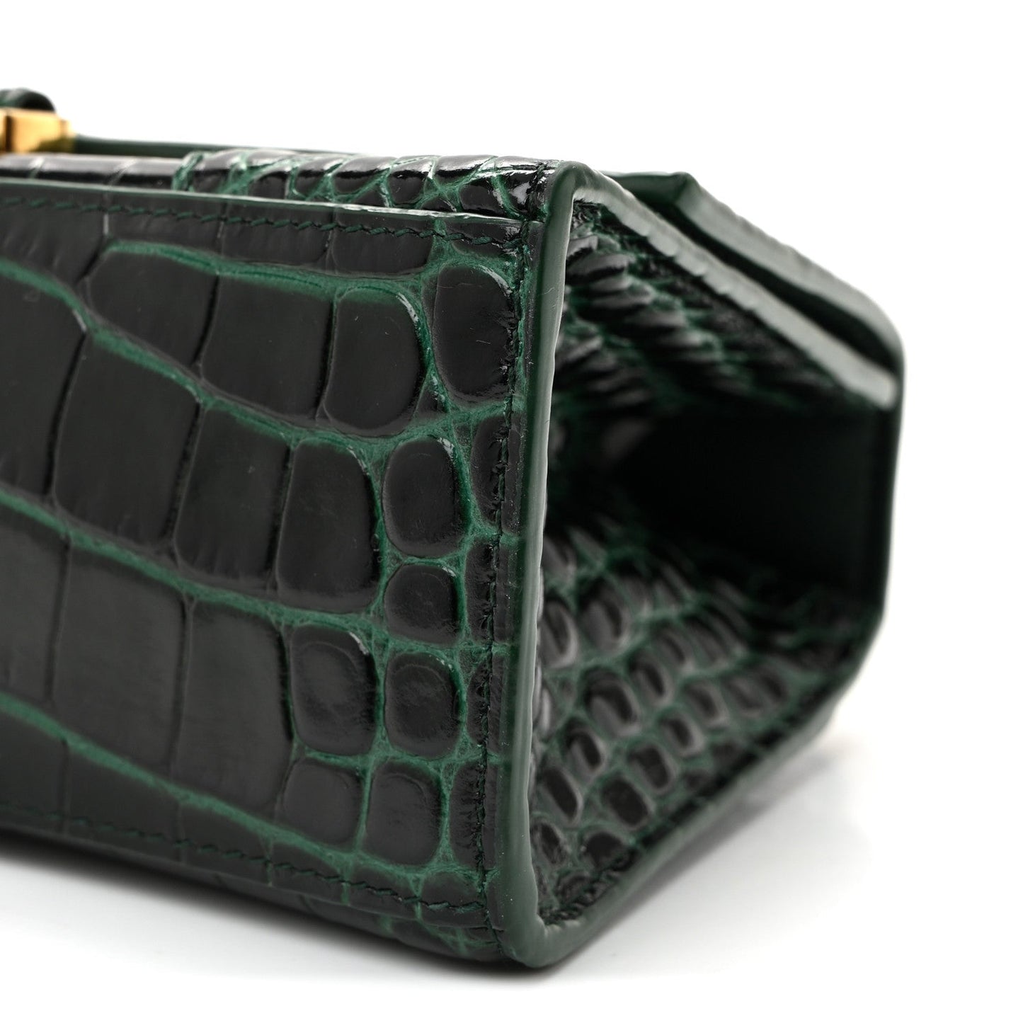 Shiny Calfskin Crocodile Embossed Hourglass Top Handle Bag XS Forest Green