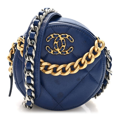 Lambskin Quilted Chanel 19 Round Clutch With Chain  Navy