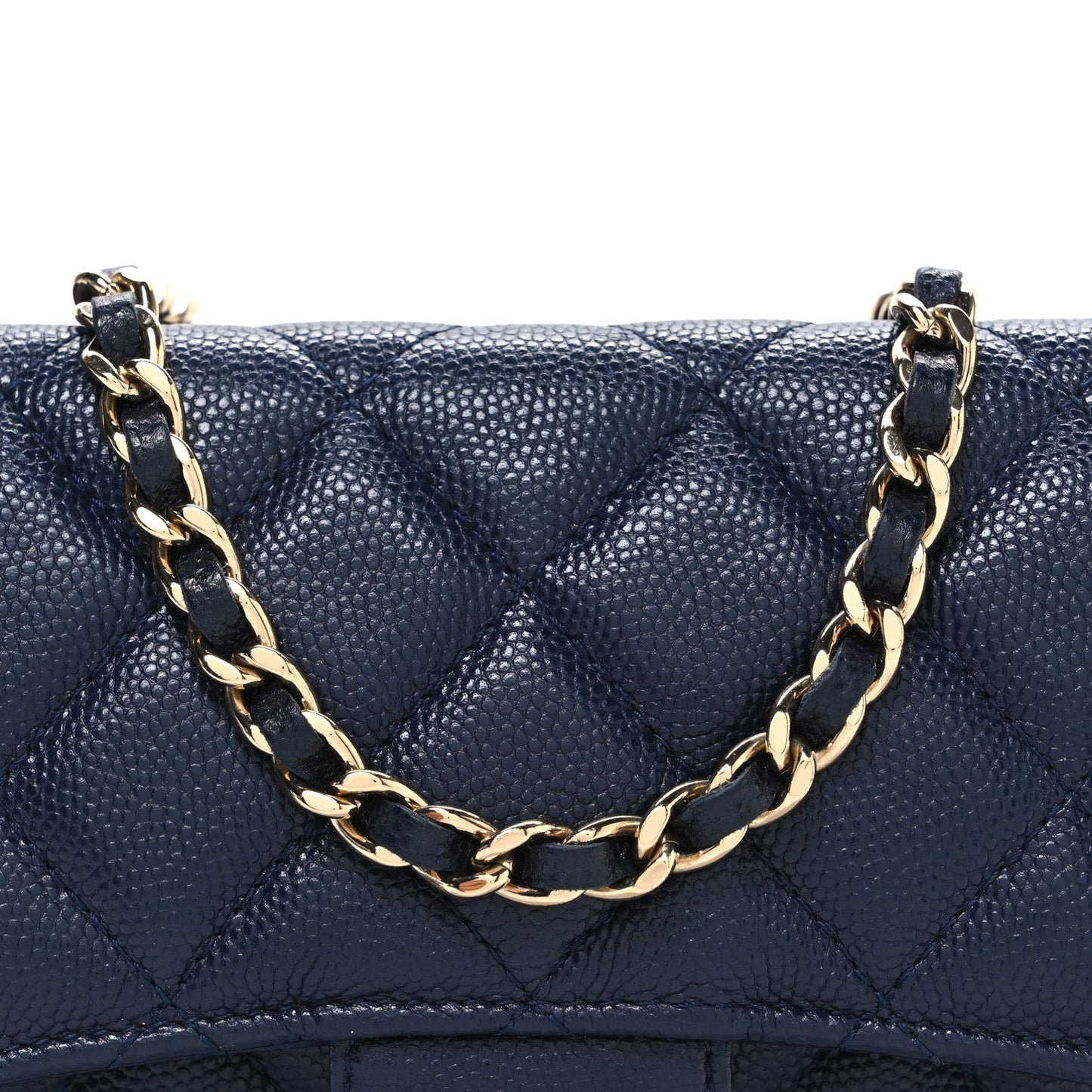 Caviar Quilted Flap Phone Holder With Chain Navy Blue