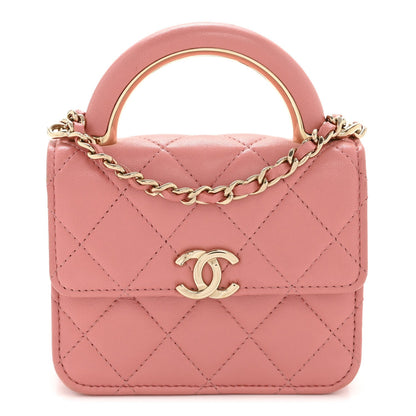 Lambskin Quilted Top Handle Flap Clutch With Chain Pink