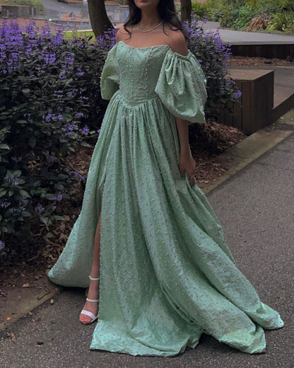 formaldressy-Green pearl beaded long satin short-sleeved princess dress long graduation dress gh5766