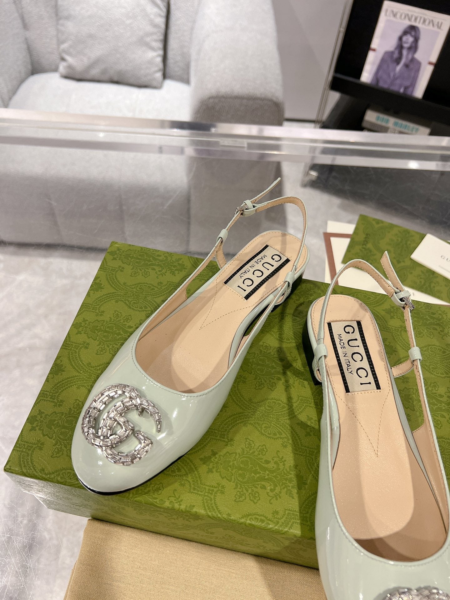 GG CRYSTALS SLINGBACK BALLET SAGE CALFSKIN