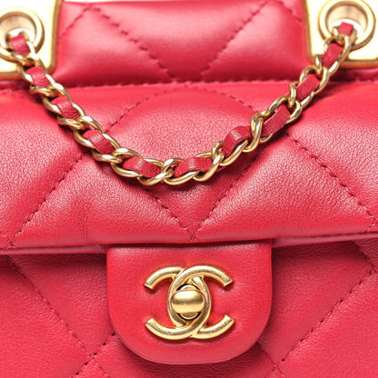 Calfskin Quilted Lady Handle Flap Card Holder With Chain Dark Pink