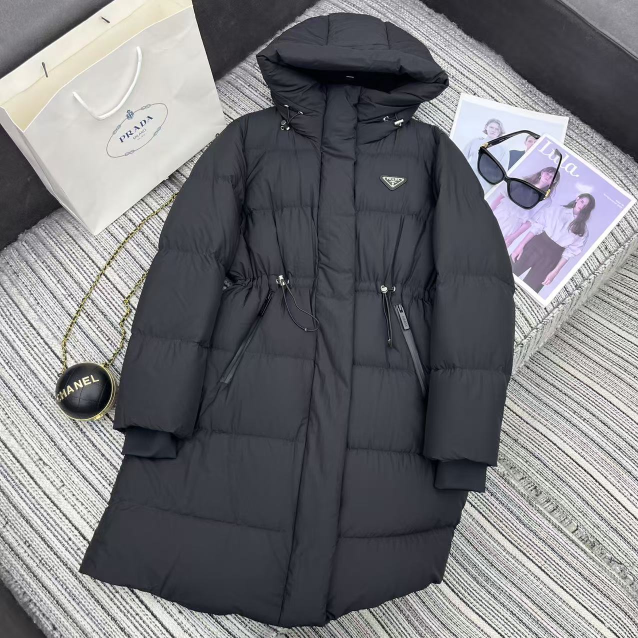 Prada 2025 Drawstring Waist Hooded Jacket Black Down Polyester