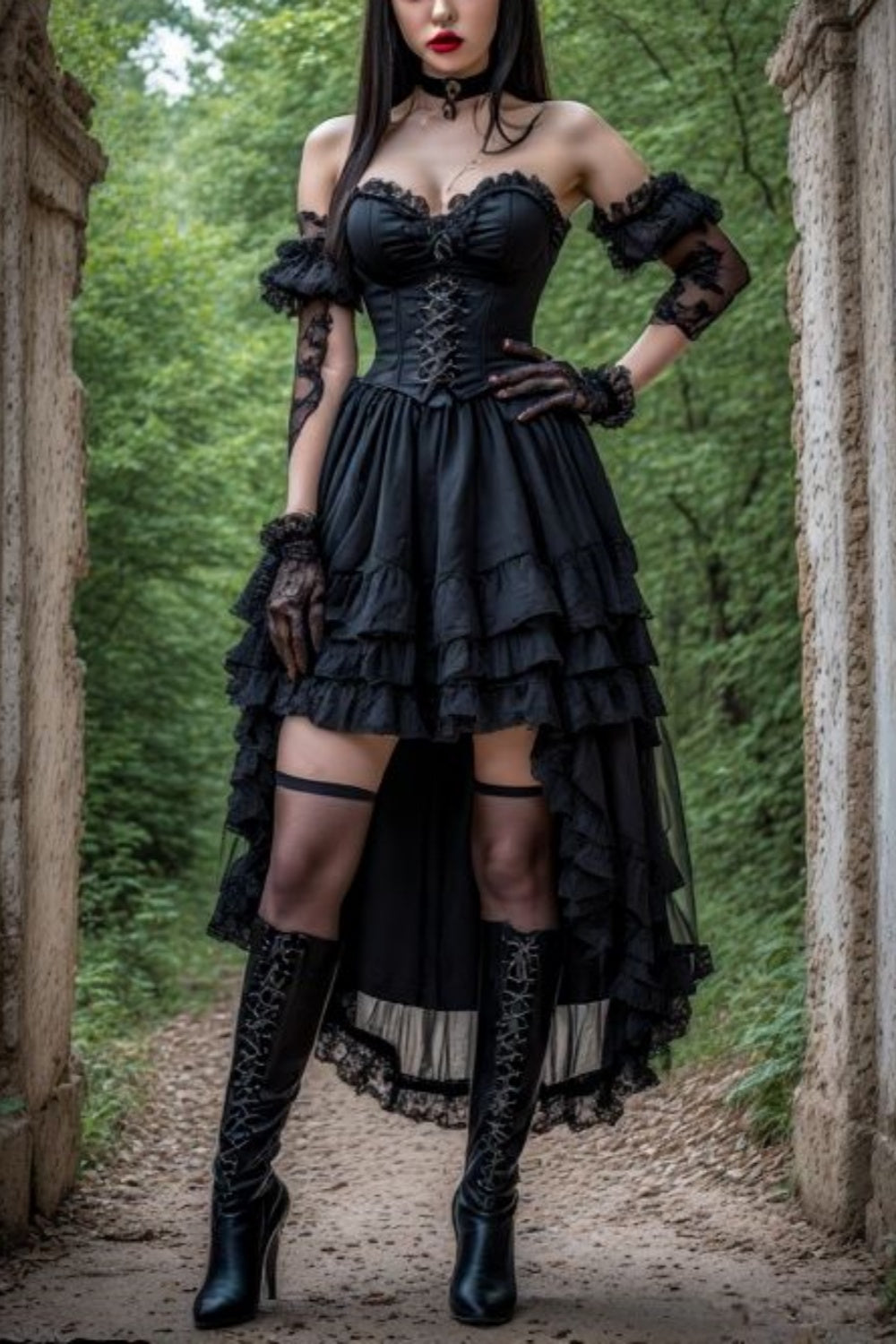 formaldressy-Black, unique short-sleeved, high-low sheer corset party dress gh6191