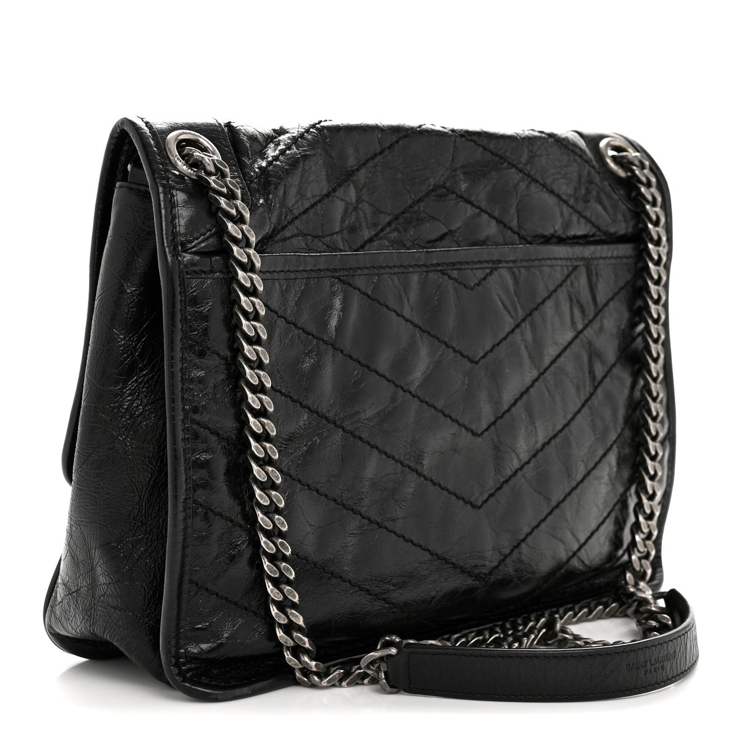 Crinkled Calfskin Matelasse Monogram Medium Niki Chain Satchel Black