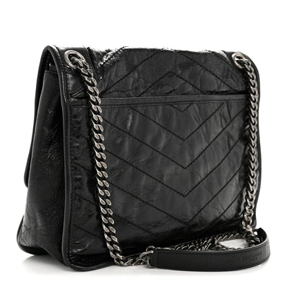 Crinkled Calfskin Matelasse Monogram Medium Niki Chain Satchel Black