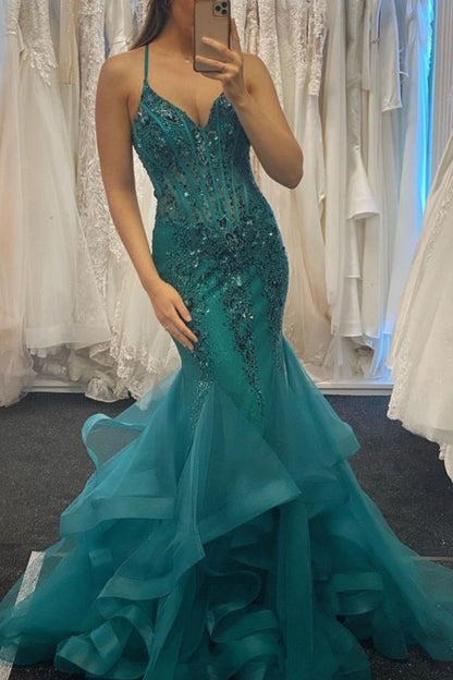 formaldressy-Exquisite Beaded Mermaid Slim Long Tulle Ball Gown Graduation Dress gh5923
