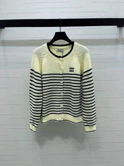 Miu 2026 Striped Knit Crew Neck Long-sleeved Cardigan Wool