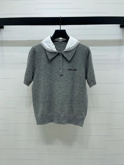 Miumiu 2026 Pan Collar Knit Short-Sleeve T-Shirt Gray and Navy Blue Wool