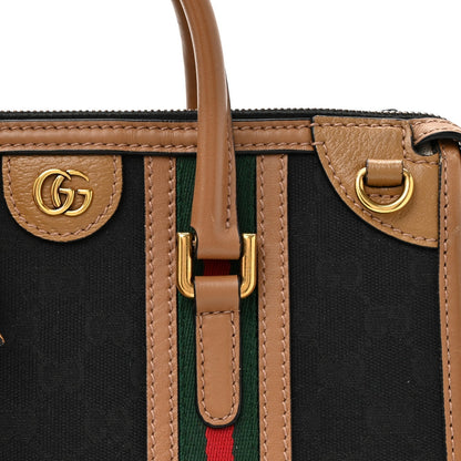 Monogram Textured Dollar Calfskin Web Small Bauletto Duffle Top Handle Bag Black Koi Beige