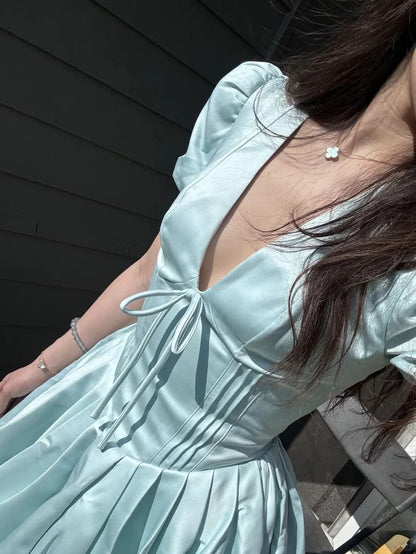 formaldressy-Blue Sweet Fashion V-Neck Short Satin Homecoming Dress Birthday Party Dress gh5249