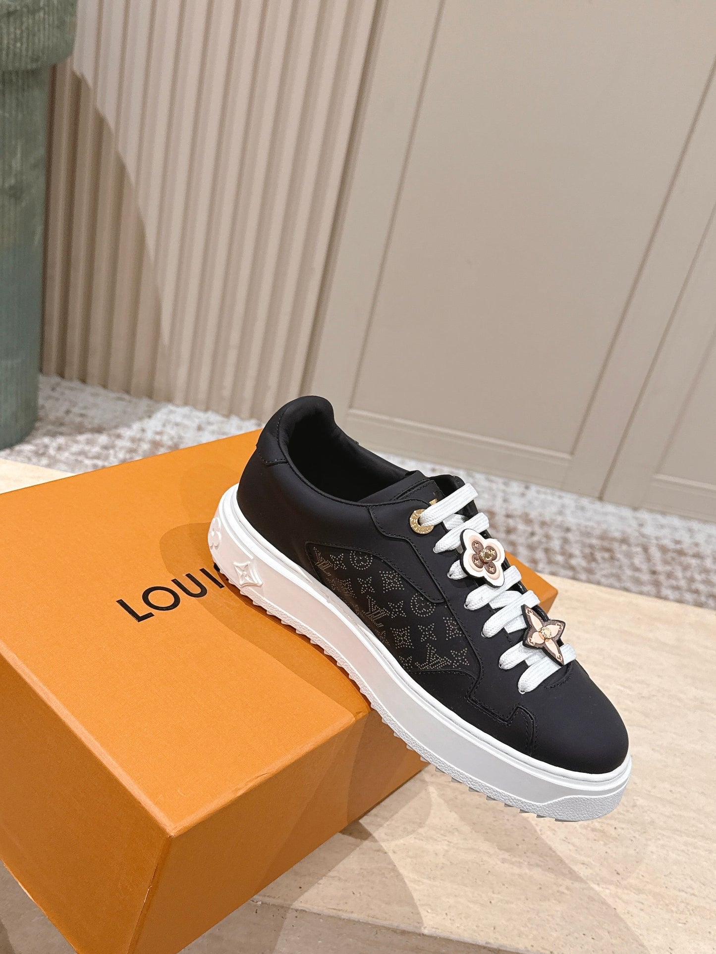 LV 1AICMB Time Out Sneaker Black Perforated Mahina Mongram Leather 555678