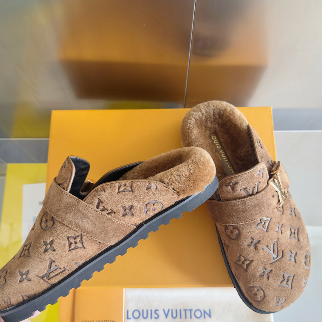 LV 25 Birkenstock Platform Slippers Brown Suede Wool 576215