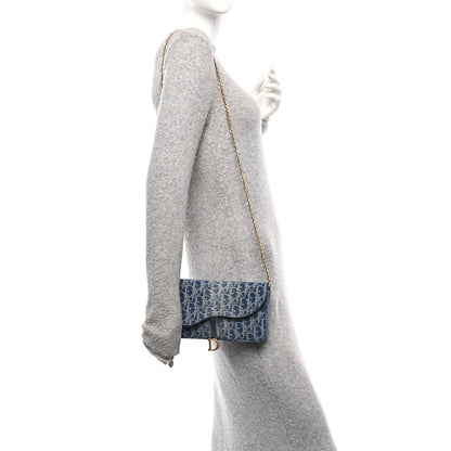 Oblique Denim Saddle Chain Long Wallet Blue
