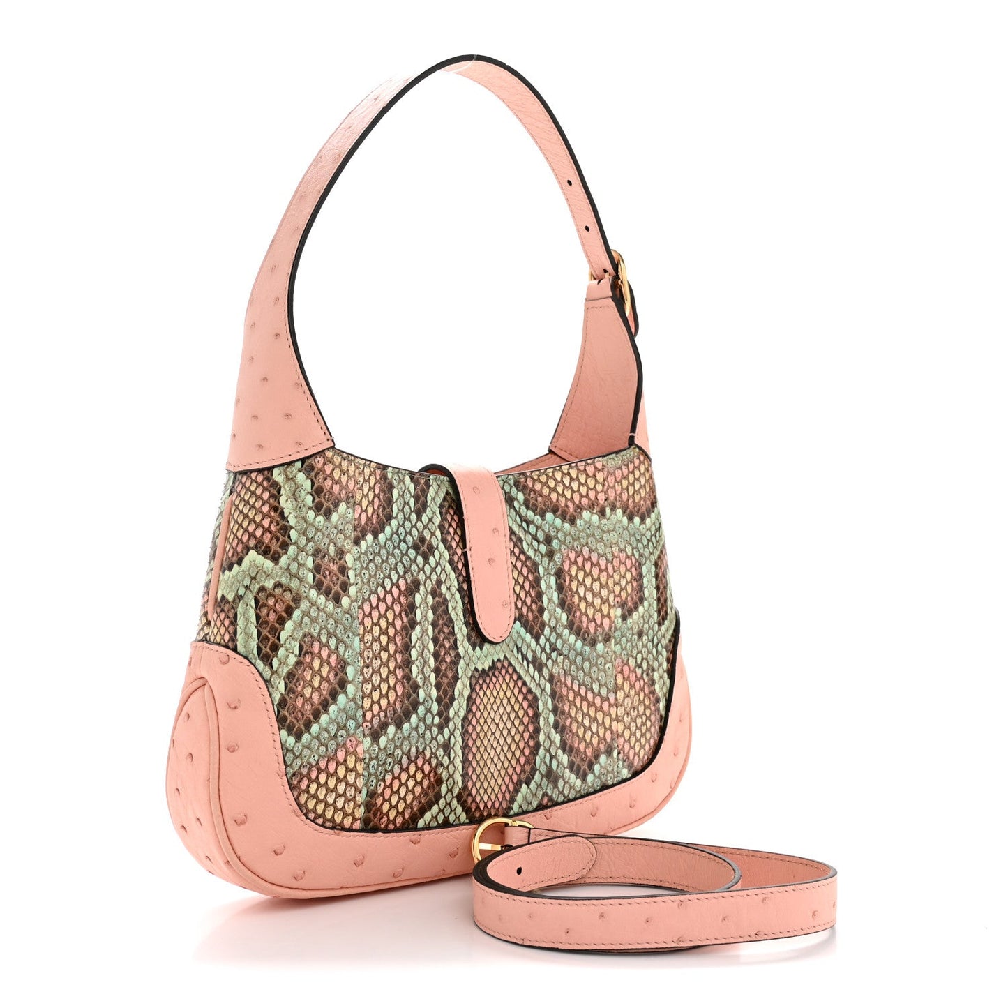 Snakeskin Ostrich Calfskin Small Jackie 1961 Hobo Pink Multicolor