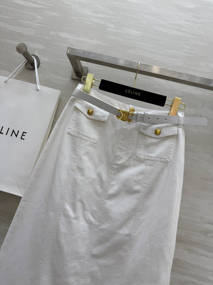 Celine 25 Denim Skirt with Logo Belt White Cotton