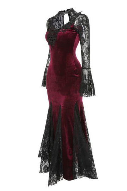formaldressy-Burgundy velvet gothic lace long sleeve dress prom dress,evening dress gh5813
