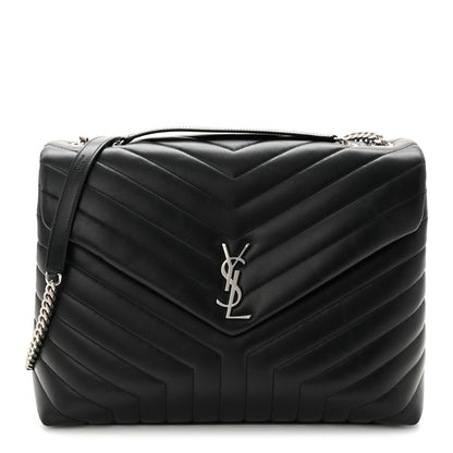 Calfskin Y Quilted Monogram Large Loulou Chain Satchel Black