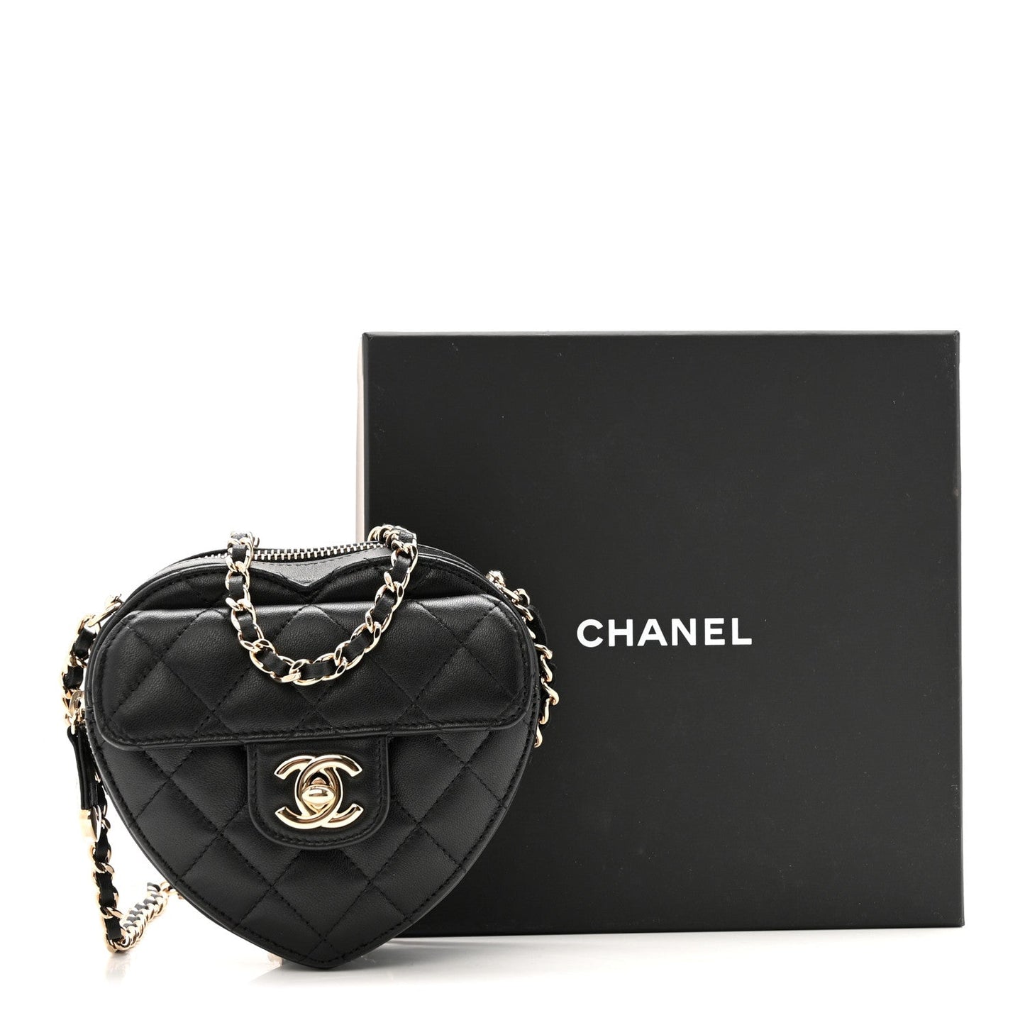 Lambskin Quilted CC In Love Heart Clutch With Chain Black