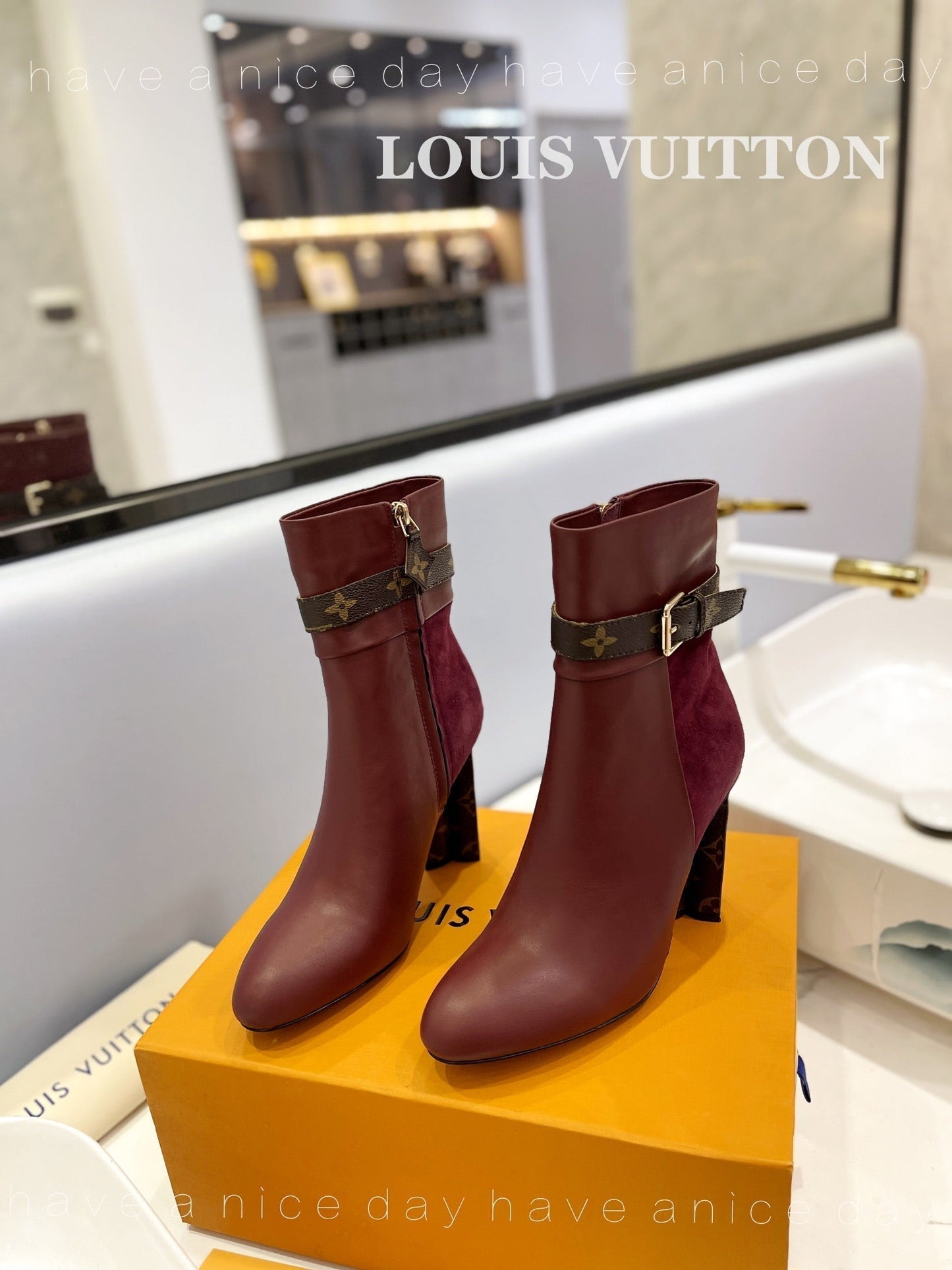 LV 26s Silhouette Ankle Boot 10cm Burgundy Cowhide Suede & Monogram Canvas 574029