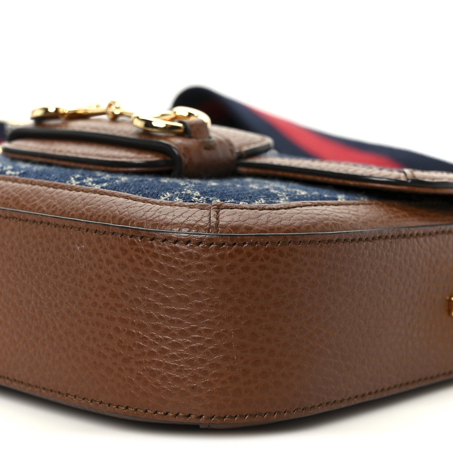 New Denim GG Monogram Dollar Calfskin Web Mini Horsebit 1955 Shoulder Bag Blue Tea Cuir Epilog