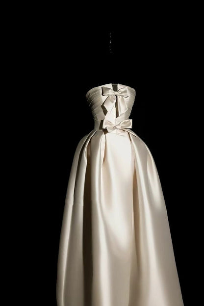 formaldressy-Ivory white bow satin long wedding dress prom dress gh5389