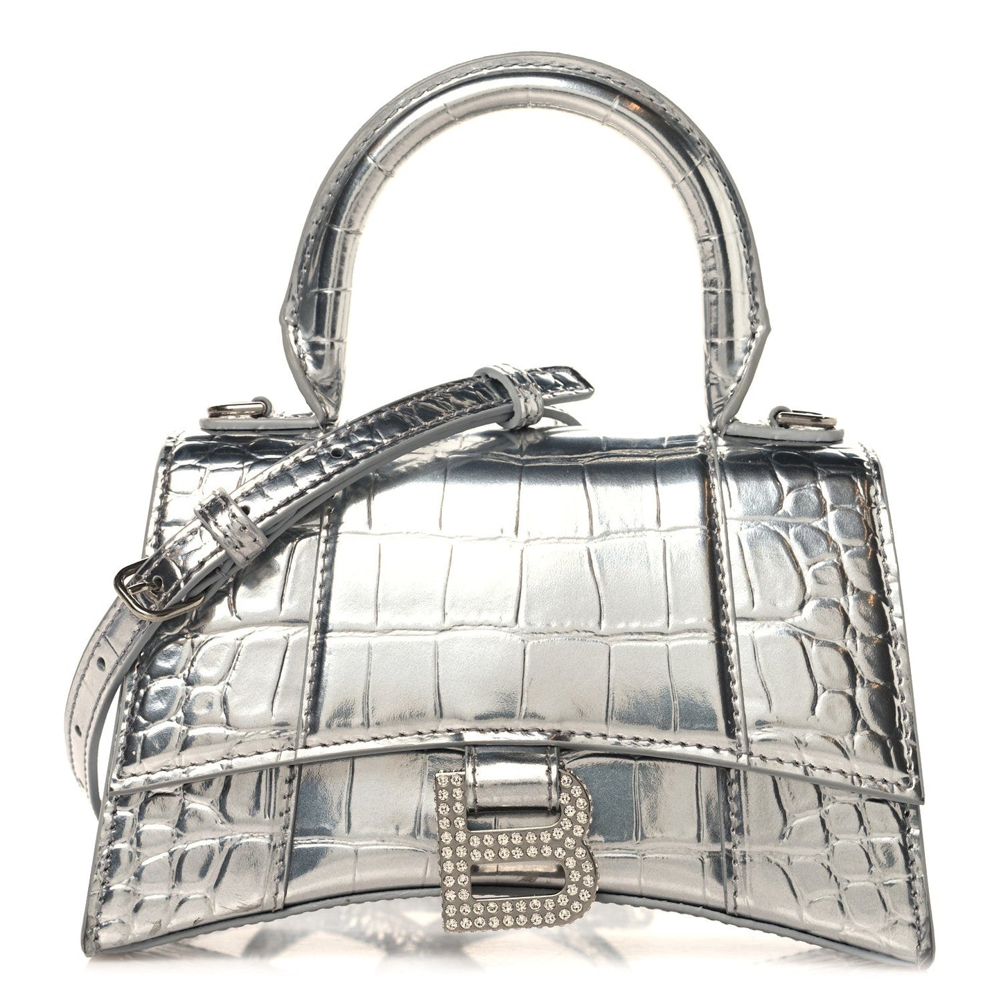 Metallic Calfskin Crocodile Embossed Crystal Hourglass Top Handle Bag XS Silver