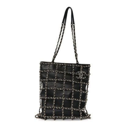 Lambskin Large Shopping Chain Tote Black