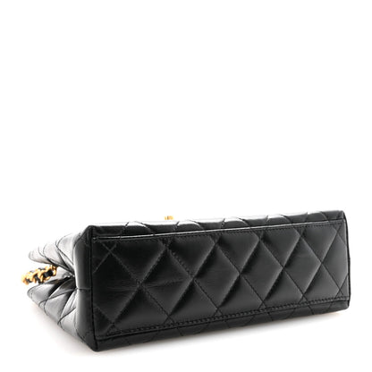 Shiny Aged Calfskin Quilted Nano Kelly Shopper Black