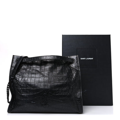 Calfskin Crocodile Embossed Monogram Medium Niki Shopping Bag Black